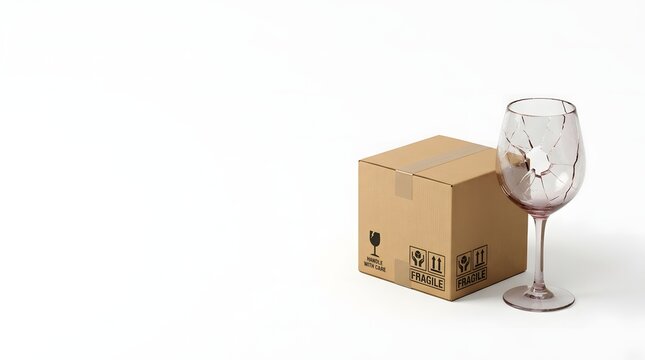 A small cardboard box with fragile symbols next to a broken wine glass on a white background, illustrating shipping damage or delicate items.