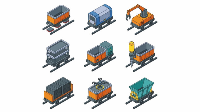 Collection of isometric industrial train wagons and carts on rails, isolated on white background.