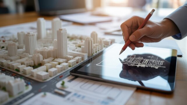 Architect using digital tablet to design urban planning model