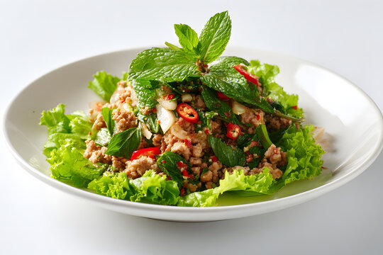 Classic Northeastern Thai Larb Moo with Fresh Herbs and Red Chilies on a Bed of Crisp Lettuce