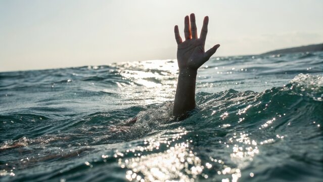A single hand reaches out of turbulent ocean water, signaling distress or drowning, with sunlight reflecting off the waves under a clear sky.