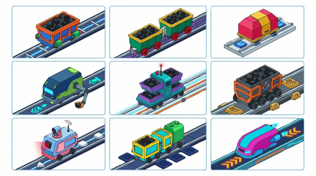 Isometric illustration of various coal transport trains on a conveyor belt system.