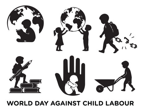 World Day Against Child Labour Silhouette Icons Set
