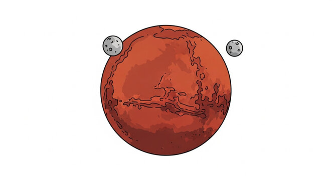 Mars planet with its two moons Phobos and Deimos illustration.