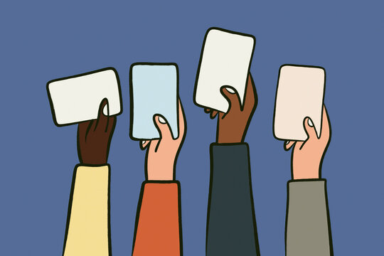 Diverse hands holding blank ballot card for fair election