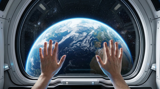 First person point of view of a person placing hands on a spaceship window, looking at planet Earth from space. Conceptual and emotional photo of space travel and nostalgia for home.