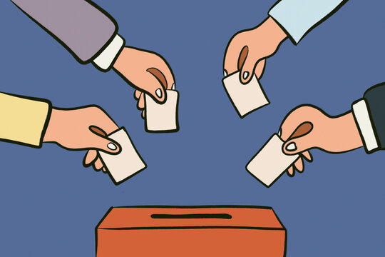 Illustration of voting hands casting ballot into box