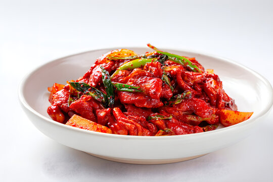 Classic Korean Dak Galbi Dish with Colorful Vegetables on a Full Plate, Captured in Full View