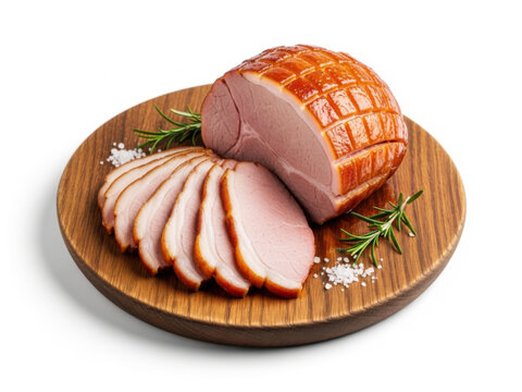 Sliced pork ham charcuterie platter and cold cuts appetizer on rustic plate isolated on white background