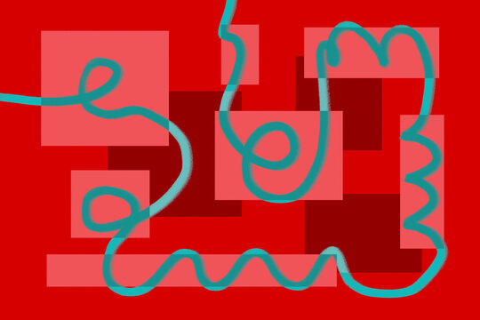 Abstract geometric illustration with red blocks and teal line