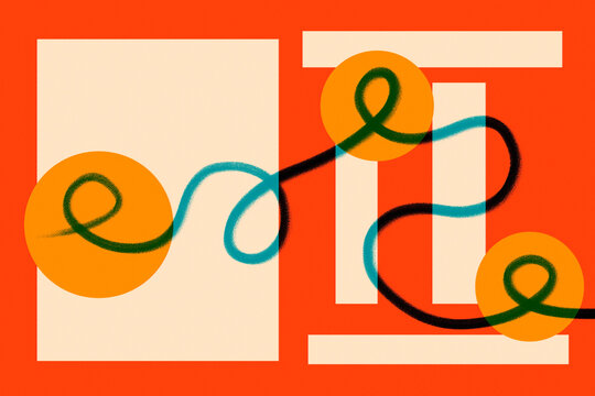 Abstract geometric illustration with circles and ribbon on red