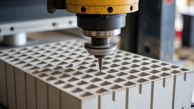 CNC milling machine cutting industrial concrete block with grid pattern