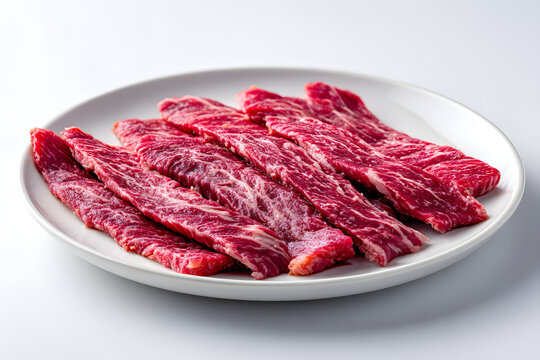 Freshly Sliced Japanese Harami Beef on a White Plate Ready for Yakiniku Grilling