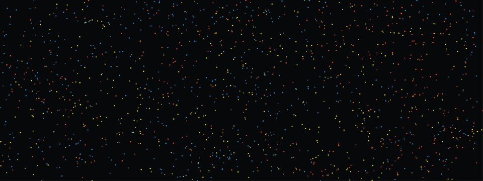 Falling, flying confetti texture on black background. Party, New Year, wedding celebration. Small dots, round shapes pattern, chads scattering. Design element, decorative backdrop. Vector illustration