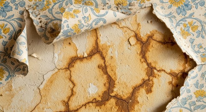 Macro view of peeling wallpaper revealing water damage and cracked plaster wall