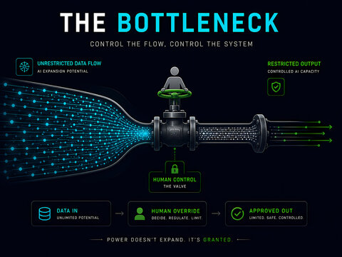 The image illustrates a bottleneck controlling data flow, representing human control over AI.