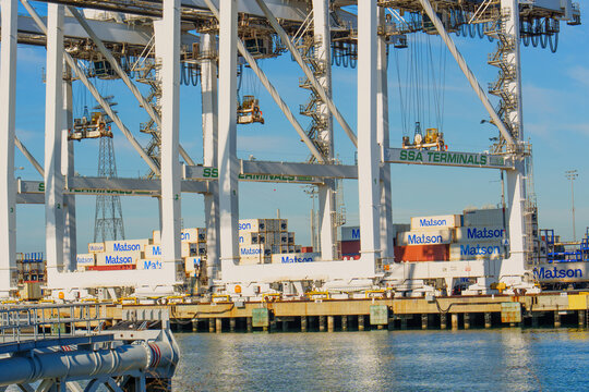Long Beach, California - January 7, 2026: SSA Terminals Cranes and Matson Containers in Long Beach