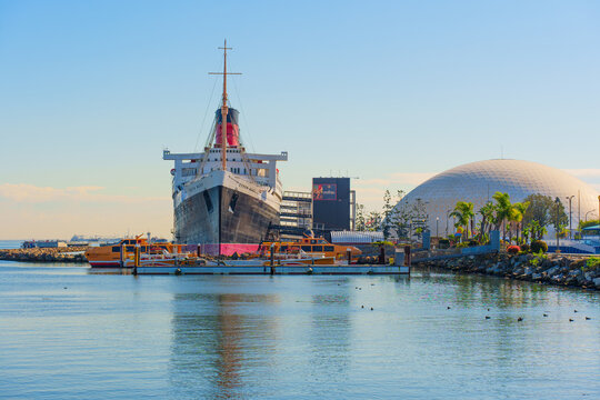 Long Beach, California - January 7, 2026: The Queen Mary Ship and Spruce Goose Dome in Long Beach
