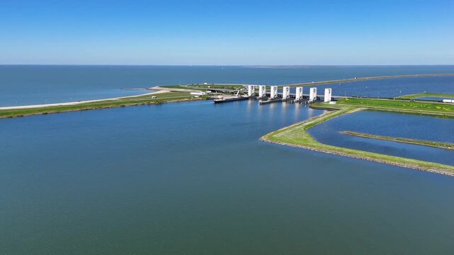 Houtribdijk sluices protecting against high water level aerial view
