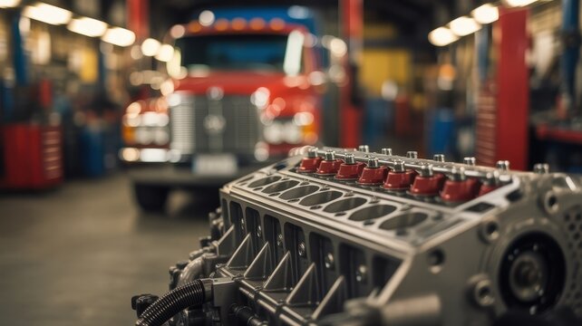 Industrial heavy duty diesel engine block in a mechanic garage
