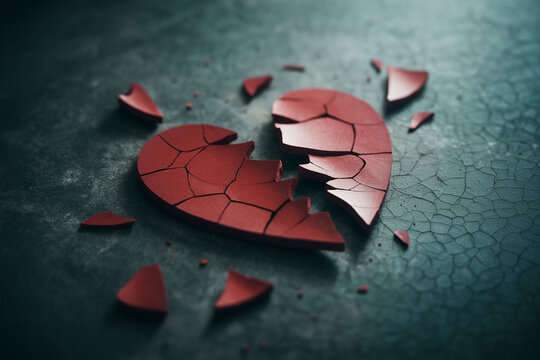 Broken heart symbol shattered into pieces on dark textured background, symbolizing heartbreak, end of love, sadness.