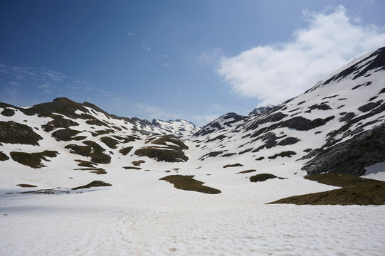 Snowy mountain Valley landscape in the Hecho Valley