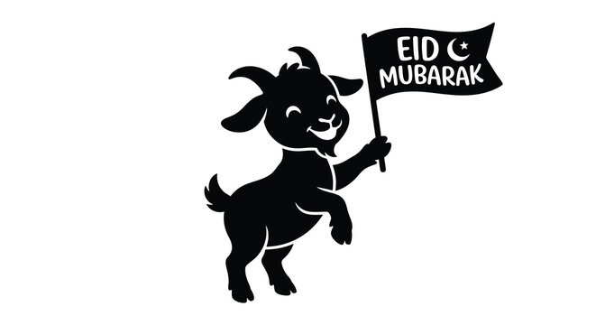 Goat holding eid mubarak flag black silhouette