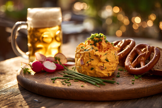 Bavarian Obatzda Cheese Spread Served with Pretzels and Fresh Radishes on Rustic Wood Table in Berlin
