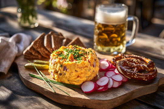 Classic Bavarian Obatzda Cheese Spread Served with Pretzels and Beer on a Rustic Wooden Table