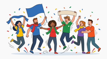 Fototapeta premium Diverse group of happy fans celebrating with flags and confetti at a sports event or festival vector