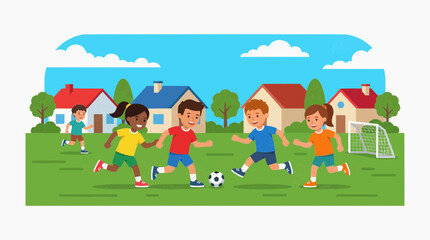 Obraz premium Diverse group of children playing soccer on a sunny day in a suburban neighborhood with houses and trees vector