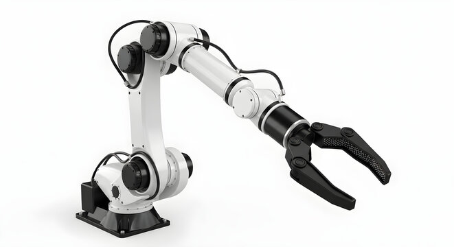 Industrial robotic arm with mechanical gripper, automated factory robot manipulator on white background, high-tech manufacturing machinery for assembly lines