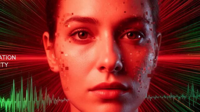 Deepfake woman face portrait with digital fragmentation and biometric waveform in red lighting ai identity theft and cyber manipulation concept.