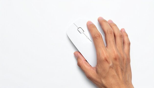 Human hand resting on a white computer mouse over a clean white surface, symbolizing precision, control, and minimalist digital interaction.