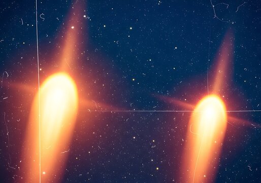 Two bright orange glowing objects in dark blue starry space scene