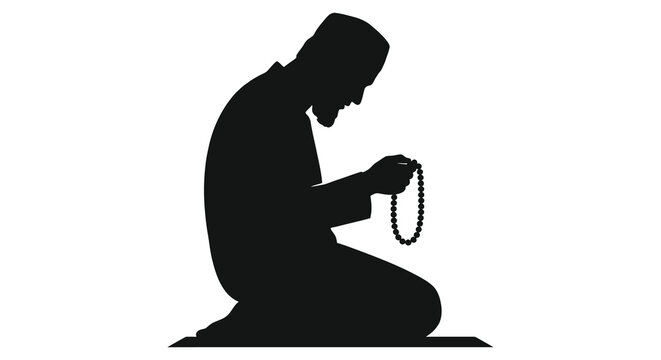 muslim man praying with prayer beads silhouette