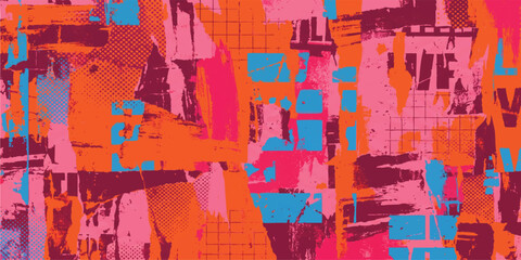 Fototapeta premium Abstract background with vibrant orange pink and blue geometric shapes and messy layered textures for creative design