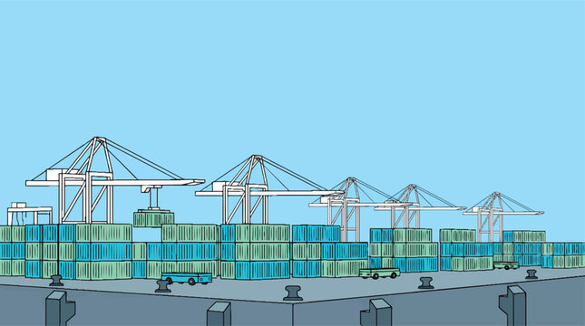 Industrial port with shipping containers and cranes for global logistics.