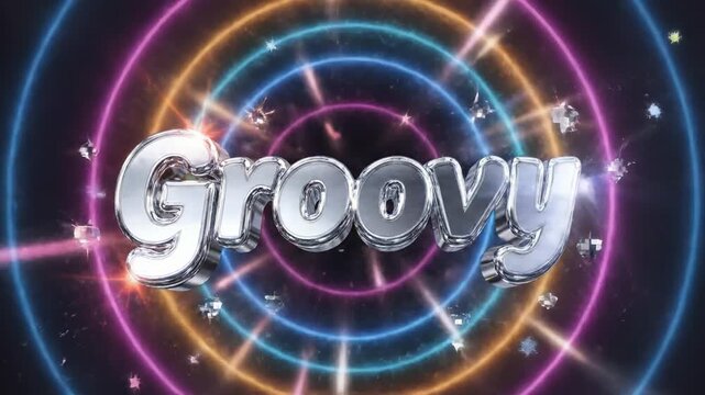 Retro 1970s inspired shimmering chrome text "Groovy" explodes with vibrant neon ring lights and sparkling particles creating an energetic and dynamic visual celebration of disco and funk music