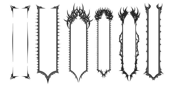 Set of six vertical gothic frames and borders with sharp thorns and dark metal spikes for creative design projects