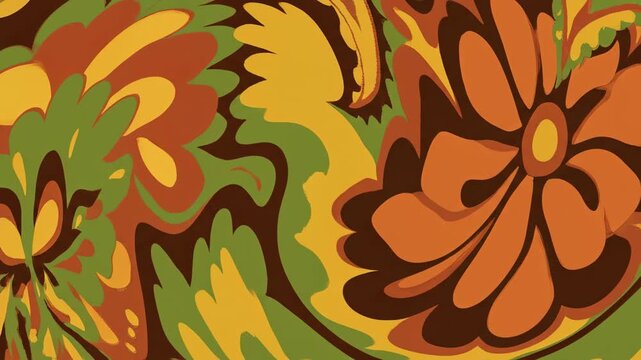 Vibrant floral organic pattern featuring flowing shapes and nature-inspired motifs in warm autumn hues, evoking a sense of retro charm and artistic expression, perfect for textile design