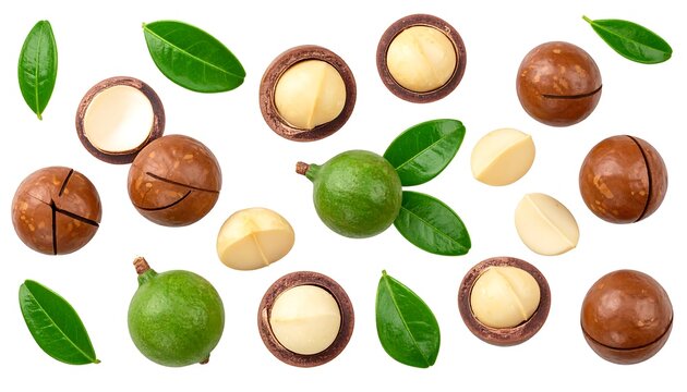 Overhead shot showing a collection of macadamia nuts, some halved to reveal creamy insides, with green leaves scattered about against white