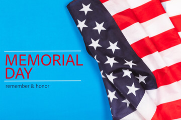 Fototapeta premium American flag on textured background. Memorial day, Independence Day and Veterans Day. American patriotism concept. Day of Remembrance and Honorary Banner. 4th of July celebration. Top view, space 
