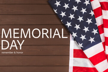 Fototapeta premium American flag on textured background. Memorial day, Independence Day and Veterans Day. American patriotism concept. Day of Remembrance and Honorary Banner. 4th of July celebration. Top view, space 