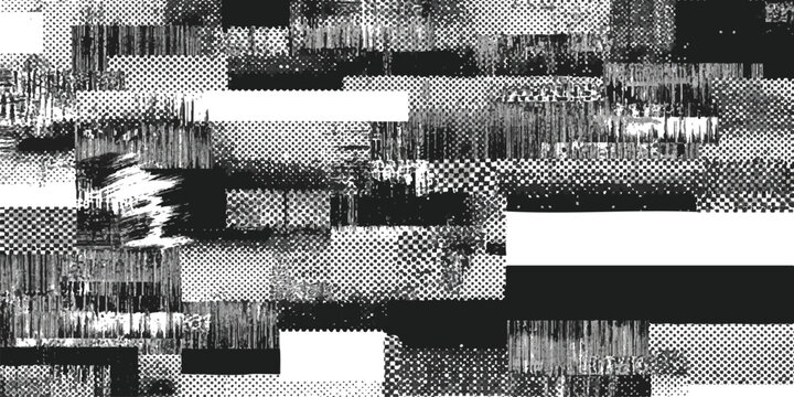 Abstract black and white halftone geometric pattern with digital glitch effect and rectangular shapes
