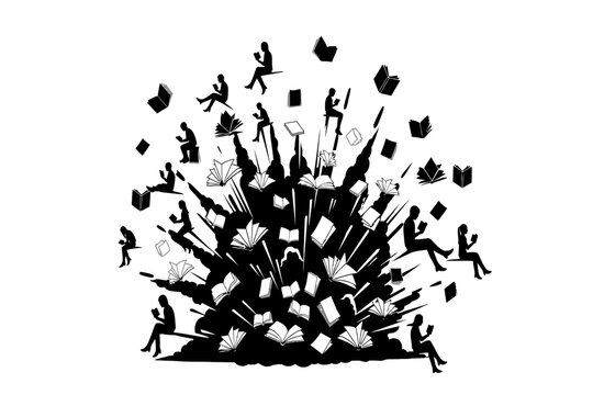 Crowd of People Reading Books Silhouette