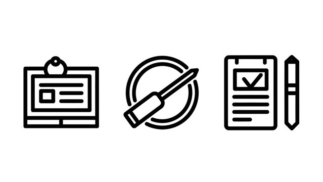 Clipboard with document screwdriver document with checkmark and pen icons representing administration tools task completion data entry record keeping clipboard document screwdriver checkmark