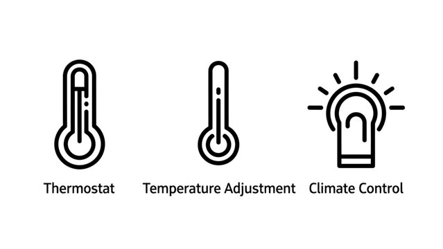 Thermostat temperature adjustment climate control icons set - heating and cooling system symbols with smart home eco friendly line art air conditioning thermostat thermometer automation