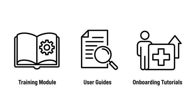 Training user guides onboarding icons with magnifying glass how to training document onboarding tutorials business education information learning instructions development workflow