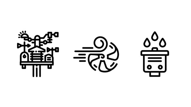 Weather station wind turbine rain droplet icons with wind vane air flow renewable energy weather monitoring wind power weather report meteorological equipment weather forecasting environmental